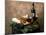 Still Life of Wine Bottle, Wine Glasses, Cheese and Purple Grapes on Top of Barrel-null-Mounted Photographic Print