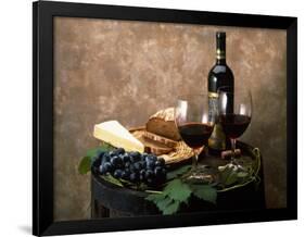 Still Life of Wine Bottle, Wine Glasses, Cheese and Purple Grapes on Top of Barrel-null-Framed Photographic Print