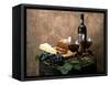 Still Life of Wine Bottle, Wine Glasses, Cheese and Purple Grapes on Top of Barrel-null-Framed Stretched Canvas