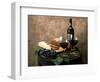 Still Life of Wine Bottle, Wine Glasses, Cheese and Purple Grapes on Top of Barrel-null-Framed Photographic Print