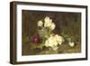 Still Life of Yellow and Red Roses in a Green Vase-James Stuart Park-Framed Giclee Print