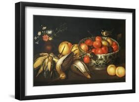 Still Life, Table Laid with Peaches, Woodcocks, Vase of Flowers and Chinese Fruit-Dish with Plums-Francesco Codino-Framed Giclee Print