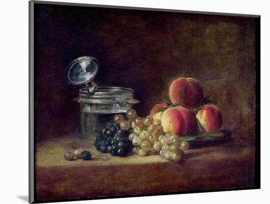 Still Life with a Basket of Peaches, White and Black Grapes, Cooler and Wineglass-Jean-Baptiste Simeon Chardin-Mounted Giclee Print