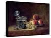 Still Life with a Basket of Peaches, White and Black Grapes, Cooler and Wineglass-Jean-Baptiste Simeon Chardin-Stretched Canvas