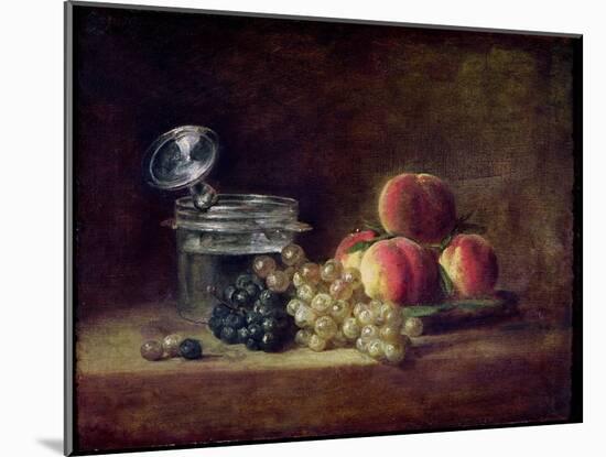 Still Life with a Basket of Peaches, White and Black Grapes, Cooler and Wineglass-Jean-Baptiste Simeon Chardin-Mounted Giclee Print