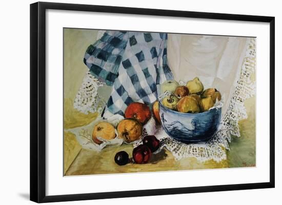 Still Life with a Blue Bowl, Apples, Pears, Textiles and Lace-Joan Thewsey-Framed Giclee Print