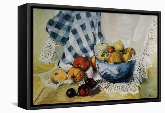 Still Life with a Blue Bowl, Apples, Pears, Textiles and Lace-Joan Thewsey-Framed Stretched Canvas