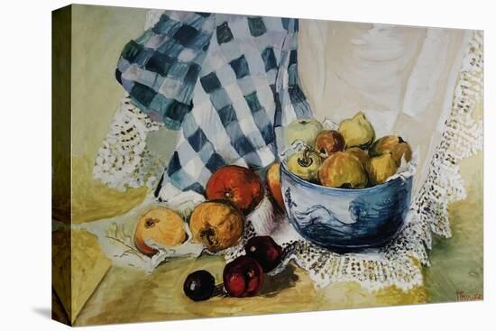 Still Life with a Blue Bowl, Apples, Pears, Textiles and Lace-Joan Thewsey-Stretched Canvas