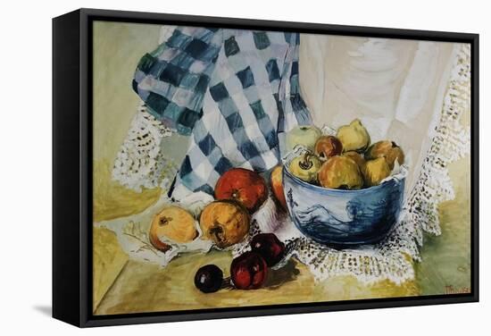 Still Life with a Blue Bowl, Apples, Pears, Textiles and Lace-Joan Thewsey-Framed Stretched Canvas