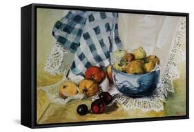 Still Life with a Blue Bowl, Apples, Pears, Textiles and Lace-Joan Thewsey-Framed Stretched Canvas