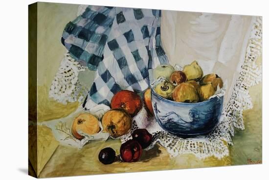 Still Life with a Blue Bowl, Apples, Pears, Textiles and Lace-Joan Thewsey-Stretched Canvas