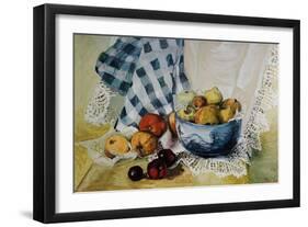 Still Life with a Blue Bowl, Apples, Pears, Textiles and Lace-Joan Thewsey-Framed Giclee Print