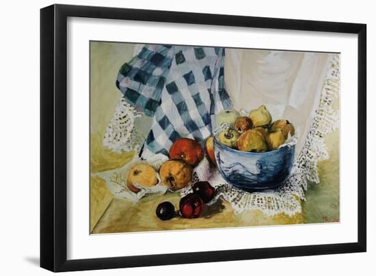 Still Life with a Blue Bowl, Apples, Pears, Textiles and Lace-Joan Thewsey-Framed Giclee Print