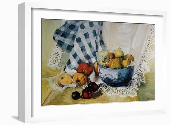 Still Life with a Blue Bowl, Apples, Pears, Textiles and Lace-Joan Thewsey-Framed Giclee Print