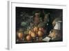 Still Life with a Bottle, Ceramics, Bread, Apples and Grapes-Luís Meléndez O Menéndez-Framed Art Print