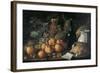 Still Life with a Bottle, Ceramics, Bread, Apples and Grapes-Luís Meléndez O Menéndez-Framed Art Print