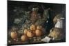 Still Life with a Bottle, Ceramics, Bread, Apples and Grapes-Luís Meléndez O Menéndez-Mounted Art Print