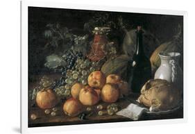 Still Life with a Bottle, Ceramics, Bread, Apples and Grapes-Luís Meléndez O Menéndez-Framed Art Print