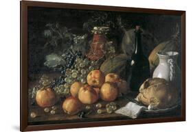 Still Life with a Bottle, Ceramics, Bread, Apples and Grapes-Luís Meléndez O Menéndez-Framed Art Print