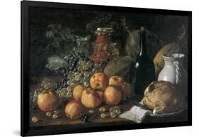 Still Life with a Bottle, Ceramics, Bread, Apples and Grapes-Luís Meléndez O Menéndez-Framed Art Print