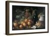 Still Life with a Bottle, Ceramics, Bread, Apples and Grapes-Luís Meléndez O Menéndez-Framed Art Print