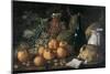 Still Life with a Bottle, Ceramics, Bread, Apples and Grapes-Luís Meléndez O Menéndez-Mounted Art Print