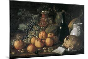 Still Life with a Bottle, Ceramics, Bread, Apples and Grapes-Luís Meléndez O Menéndez-Mounted Art Print