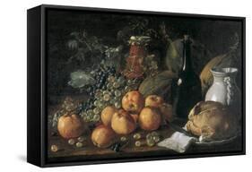 Still Life with a Bottle, Ceramics, Bread, Apples and Grapes-Luís Meléndez O Menéndez-Framed Stretched Canvas