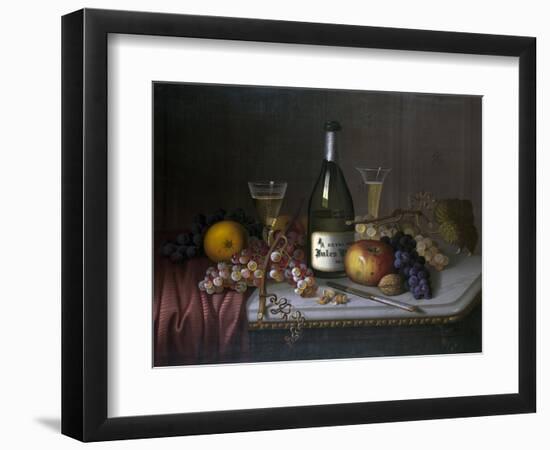 Still Life with a Bottle of Champagne and Two Glasses, with Various Fruit-null-Framed Premium Giclee Print