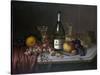 Still Life with a Bottle of Champagne and Two Glasses, with Various Fruit-null-Stretched Canvas