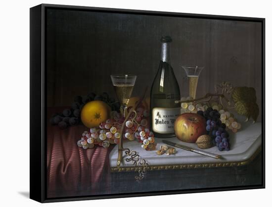 Still Life with a Bottle of Champagne and Two Glasses, with Various Fruit-null-Framed Stretched Canvas