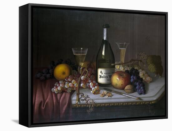 Still Life with a Bottle of Champagne and Two Glasses, with Various Fruit-null-Framed Stretched Canvas