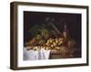 Still Life with a Bottle of Wine, Rhubarb and an Upturned Basket of Apples on a Table-Antoine Vollon-Framed Giclee Print