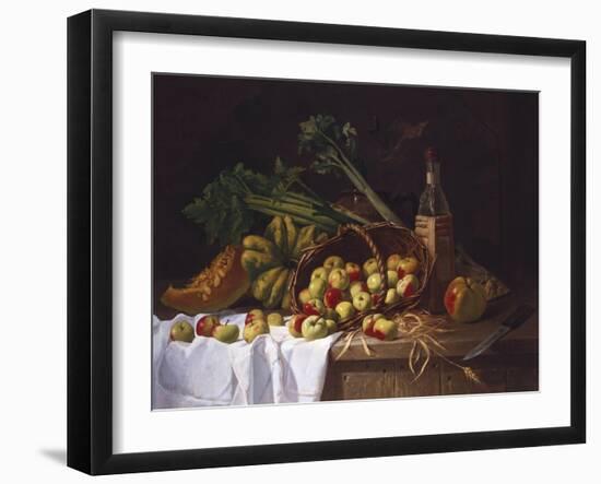 Still Life with a Bottle of Wine, Rhubarb and an Upturned Basket of Apples on a Table-Antoine Vollon-Framed Giclee Print