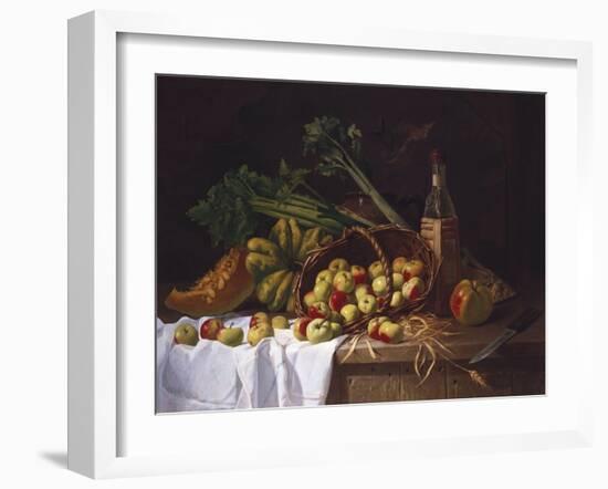 Still Life with a Bottle of Wine, Rhubarb and an Upturned Basket of Apples on a Table-Antoine Vollon-Framed Giclee Print