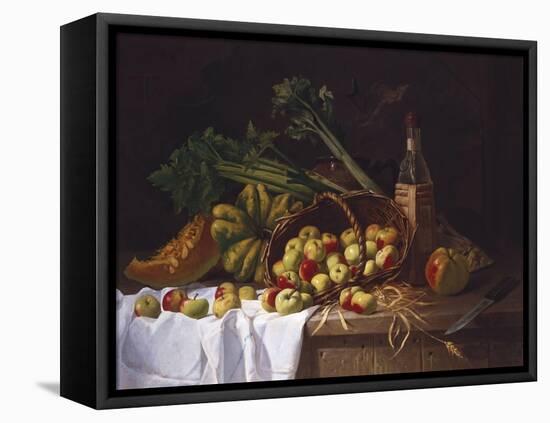 Still Life with a Bottle of Wine, Rhubarb and an Upturned Basket of Apples on a Table-Antoine Vollon-Framed Stretched Canvas