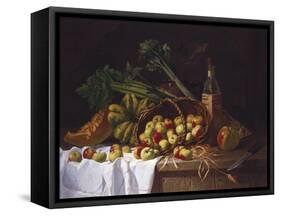 Still Life with a Bottle of Wine, Rhubarb and an Upturned Basket of Apples on a Table-Antoine Vollon-Framed Stretched Canvas