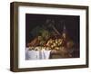 Still Life with a Bottle of Wine, Rhubarb and an Upturned Basket of Apples on a Table-Antoine Vollon-Framed Giclee Print