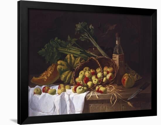 Still Life with a Bottle of Wine, Rhubarb and an Upturned Basket of Apples on a Table-Antoine Vollon-Framed Premium Giclee Print