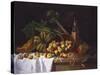 Still Life with a Bottle of Wine, Rhubarb and an Upturned Basket of Apples on a Table-Antoine Vollon-Stretched Canvas