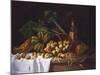 Still Life with a Bottle of Wine, Rhubarb and an Upturned Basket of Apples on a Table-Antoine Vollon-Mounted Giclee Print