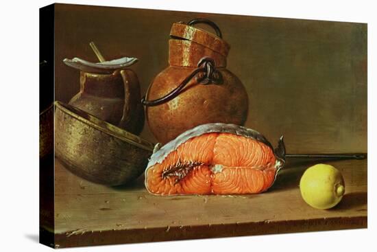 Still Life with a Piece of Salmon, a Lemon and Kitchen Utensils-Luis Egidio Melendez-Stretched Canvas