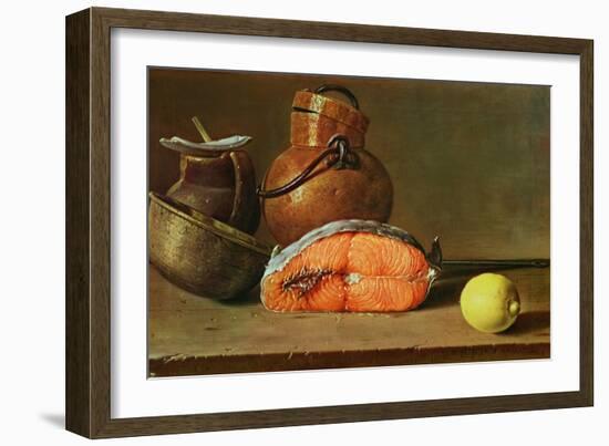 Still Life with a Piece of Salmon, a Lemon and Kitchen Utensils-Luis Egidio Melendez-Framed Giclee Print