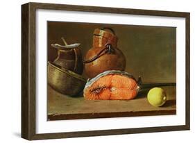 Still Life with a Piece of Salmon, a Lemon and Kitchen Utensils-Luis Egidio Melendez-Framed Giclee Print