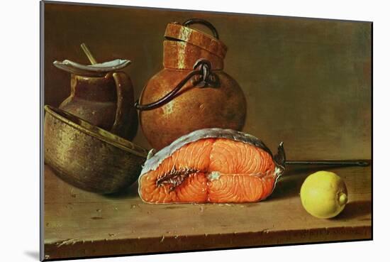 Still Life with a Piece of Salmon, a Lemon and Kitchen Utensils-Luis Egidio Melendez-Mounted Giclee Print