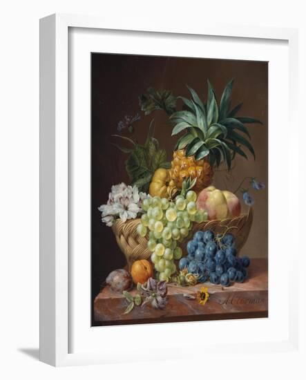 Still Life with a Pineapple, Grapes, Peaches, a Plum, a Tangerine and Assorted Flowers-Anthony Oberman-Framed Giclee Print