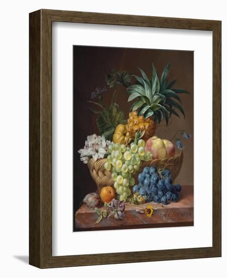 Still Life with a Pineapple, Grapes, Peaches, a Plum, a Tangerine and Assorted Flowers-Anthony Oberman-Framed Giclee Print