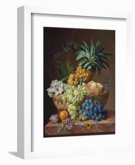 Still Life with a Pineapple, Grapes, Peaches, a Plum, a Tangerine and Assorted Flowers-Anthony Oberman-Framed Giclee Print