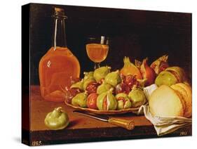 Still Life with a Plate of Figs and Pomegranates, Bread and Wine-Luis Egidio Melendez-Stretched Canvas