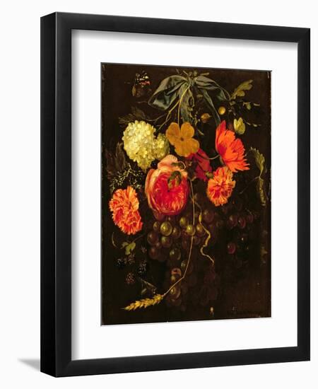 Still Life with a Swag of Fruits and Flowers Tied with a Blue Ribbon-Maria Van Oosterwyck-Framed Giclee Print